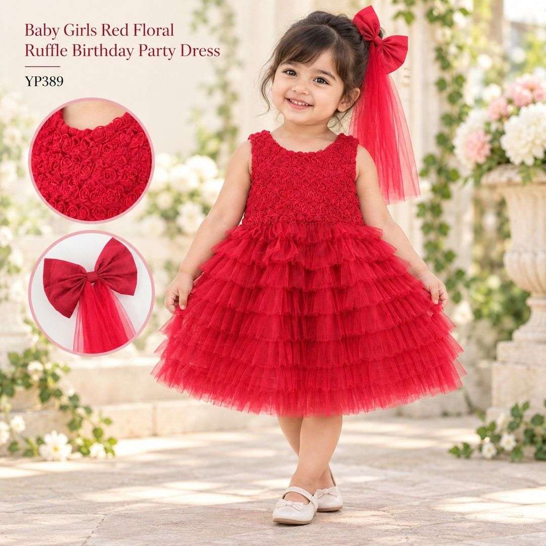 Baby Girls Red Floral Ruffle Birthday Party Dress