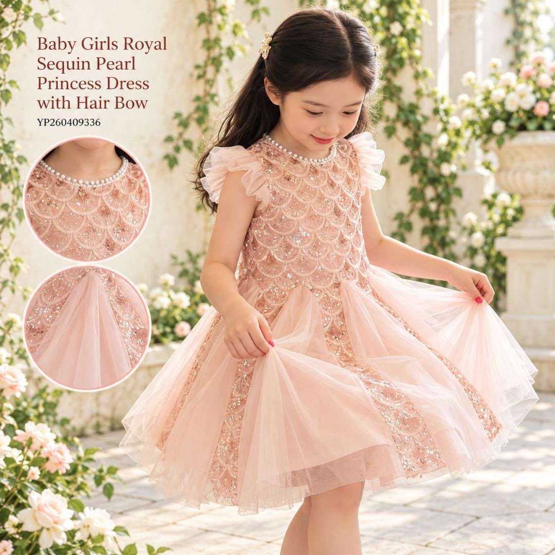 Baby Girls Royal Sequin Pearl Princess Dress with Hair Bow