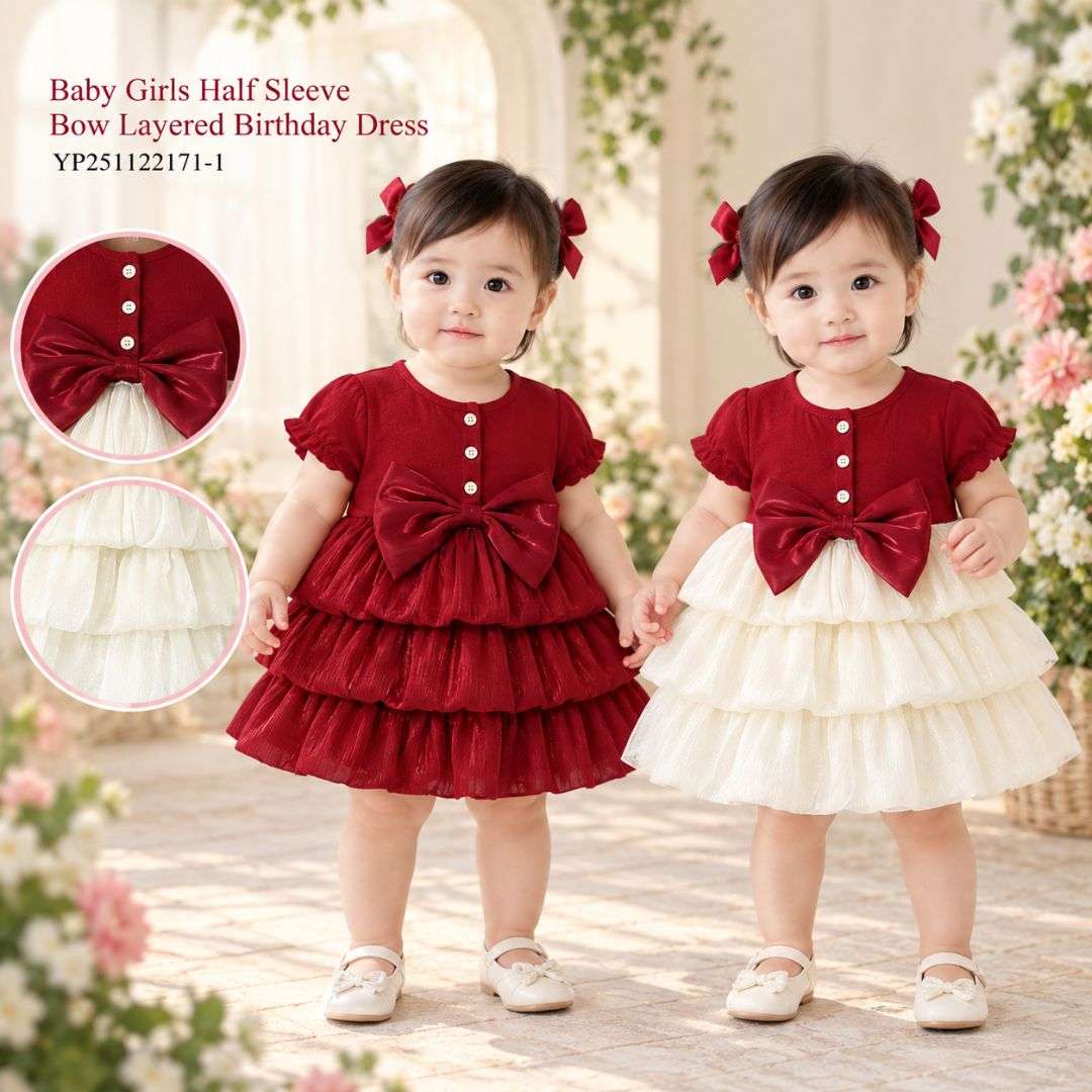 Baby Girls Half Sleeve Bow Layered Birthday Dress